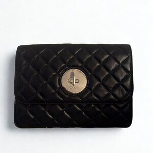 DKNY | Black Quilted Leather Flap Clutch | Crossbody Strap | Gold Accents